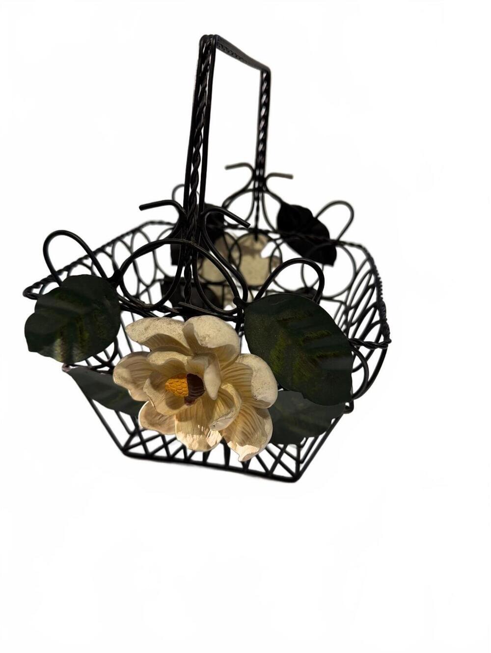 Vintage Metal Wire Basket Napkin Holder with Floral Decoration